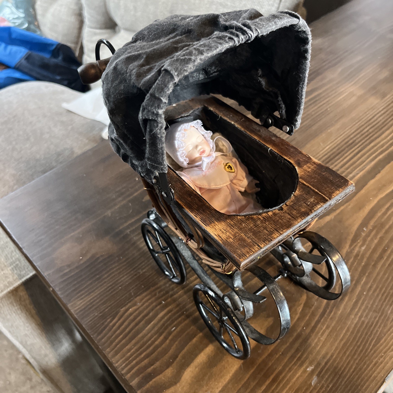 Vintage Antique Victorian Doll Stroller Buggy Carriage Wood Wicker Metal W/doll