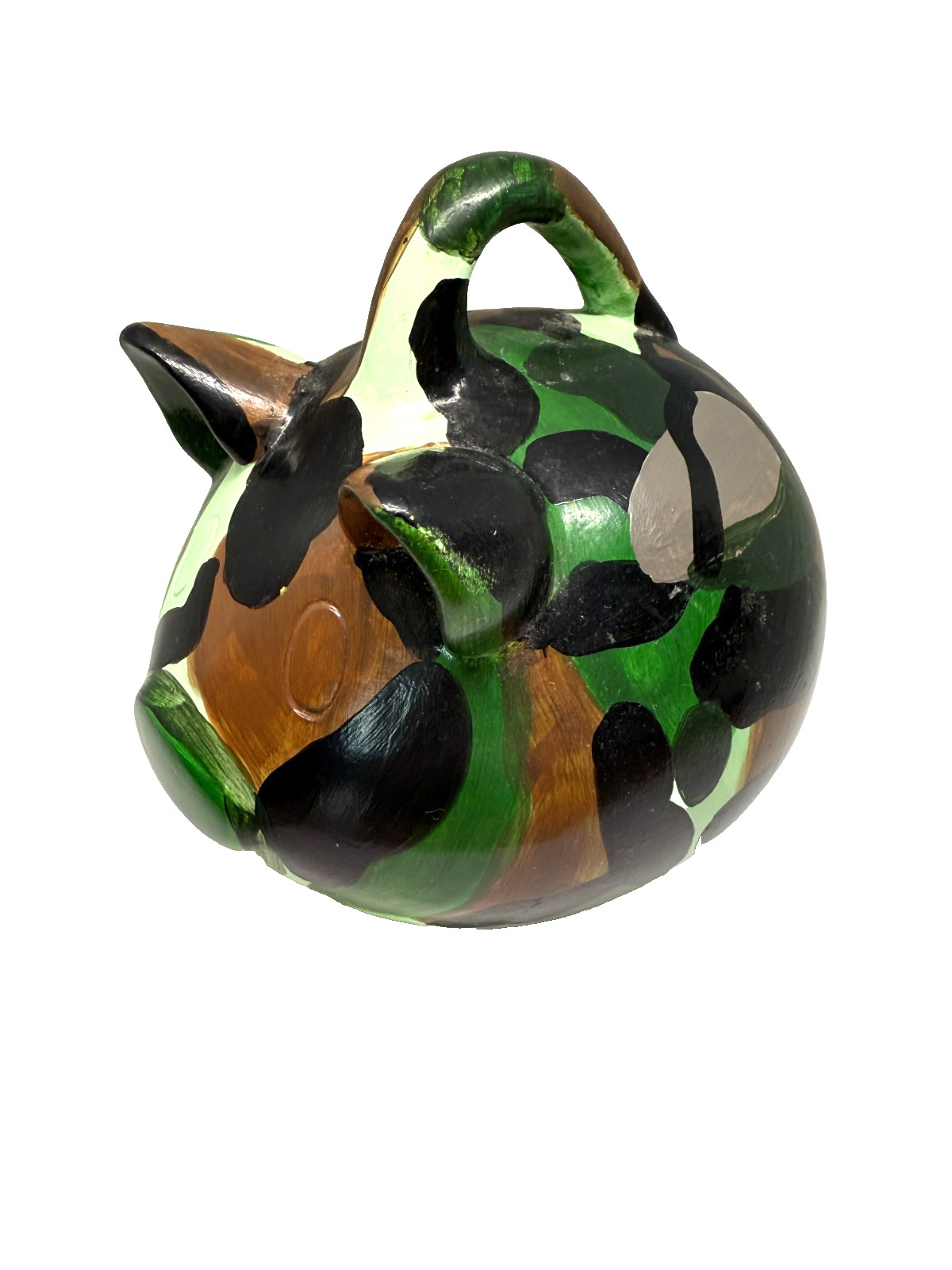 Ceramic Camouflage Piggy Bank Hand Painted with Handle and Stopper 8" Tall