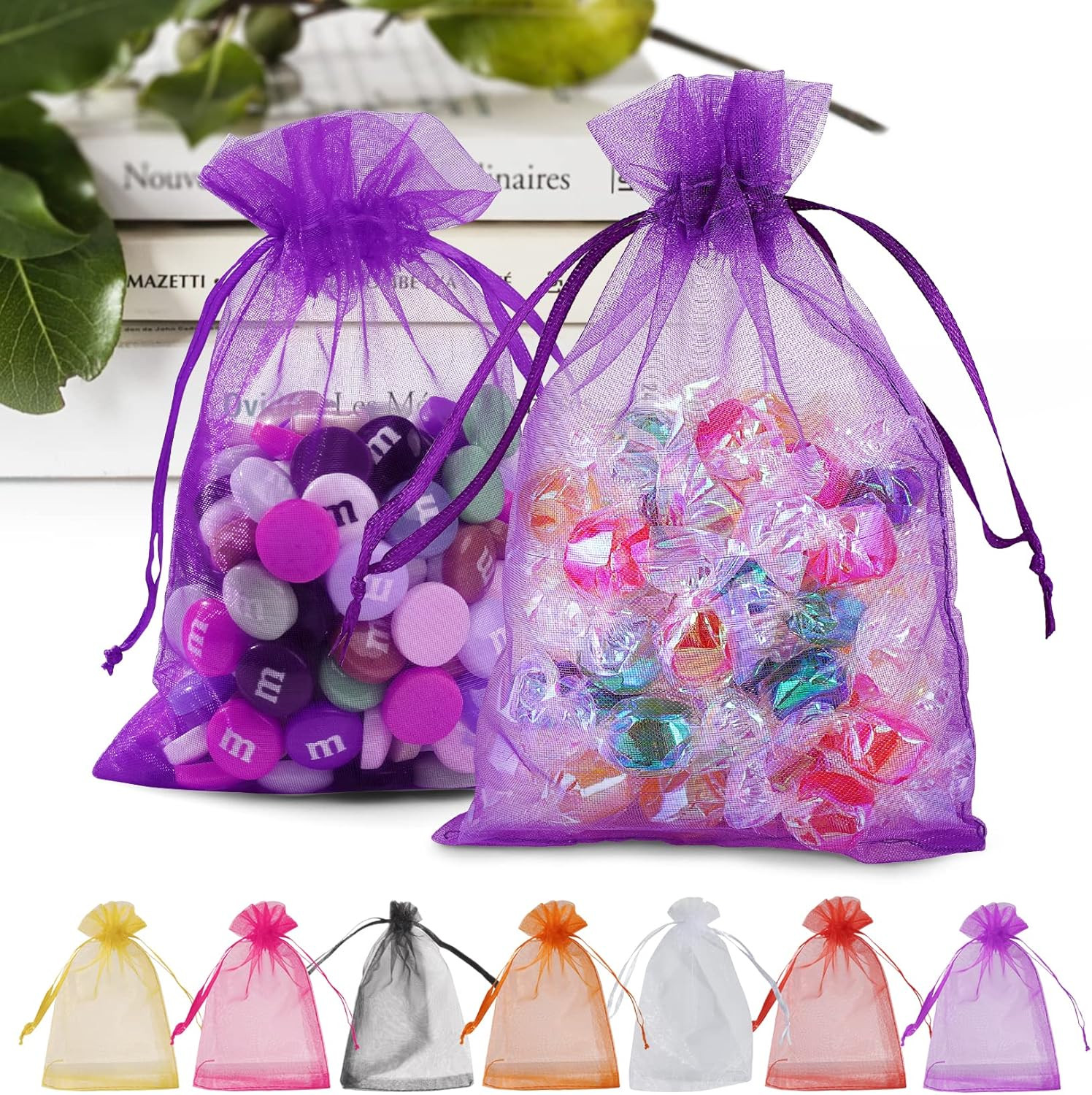 100PCS Premium Purple Organza Bags 5x7 inches Mesh Bags Drawstring, Gift Bag Sma