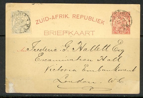 TRANSVAAL H&G #1 PRETORIA DEC 18 1892 UPRATED POSTAL CARD TO LONDON ENGLAND