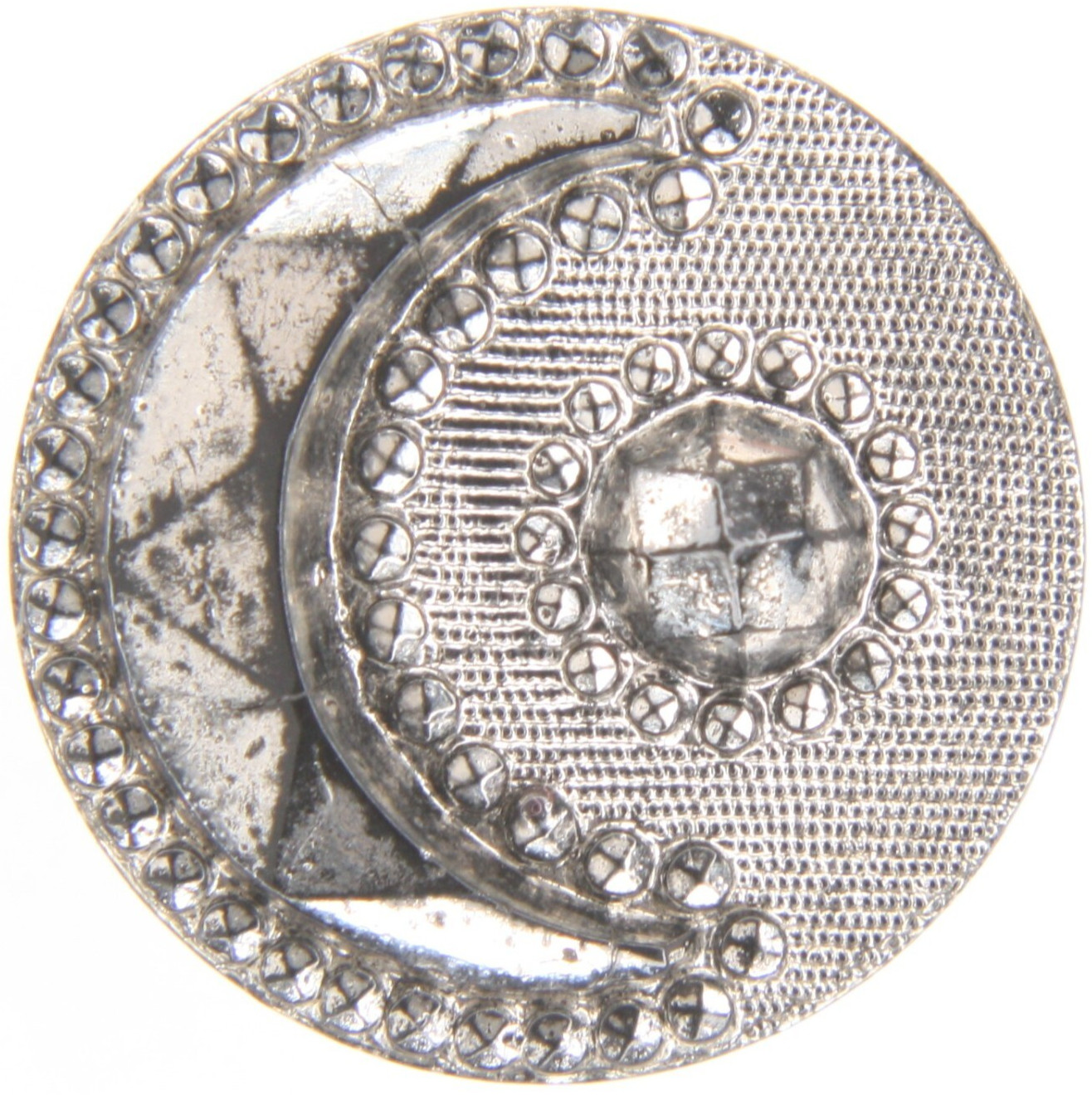 C1880s Victorian Black Glass Crescent Star or Sun & Moon Button Silver Luster