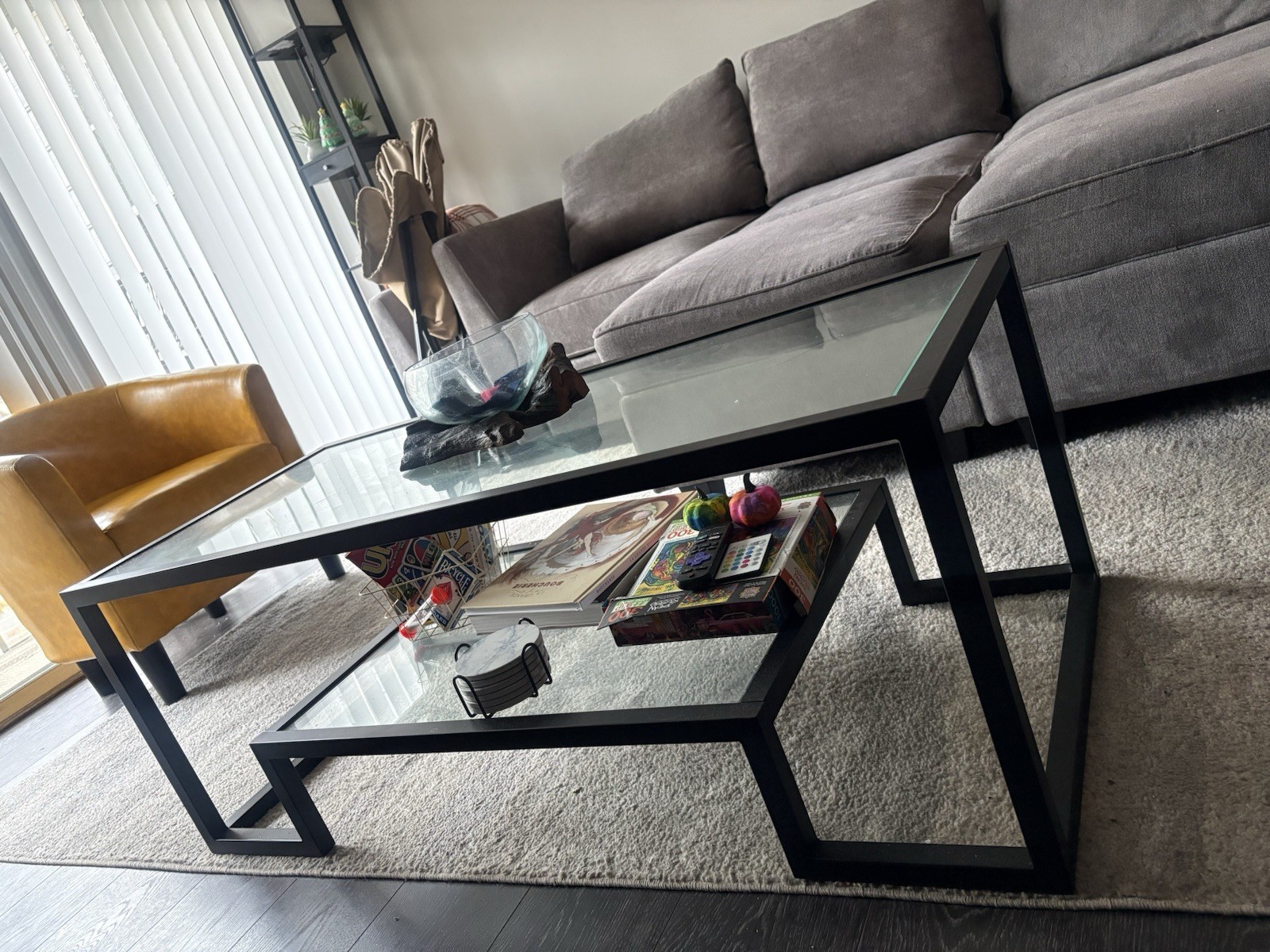 Modern Rectangular Glass Coffee Table Black Metal Frame Two Shelves