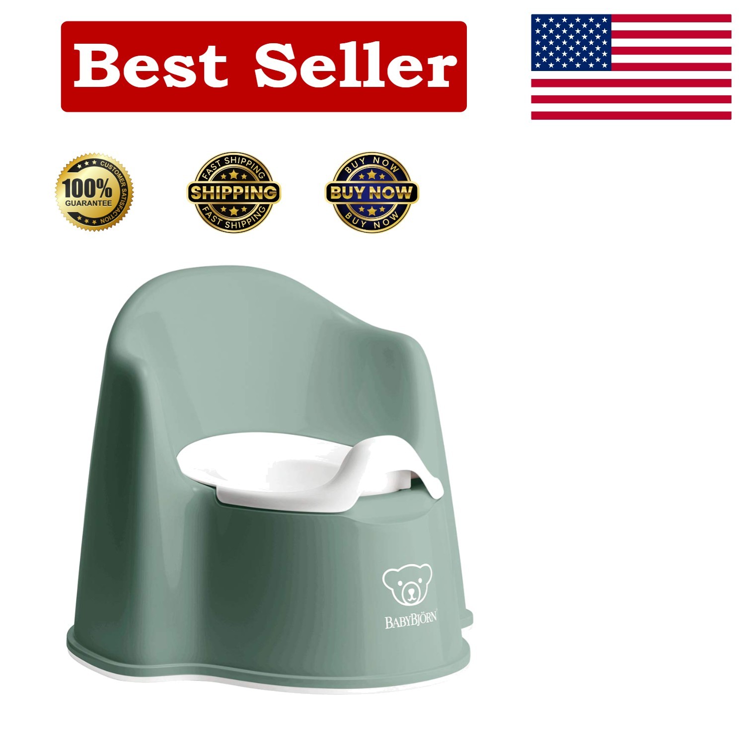 Babybjörn Deep Green/White Potty Chair with Comfortable Backrest & Armrests