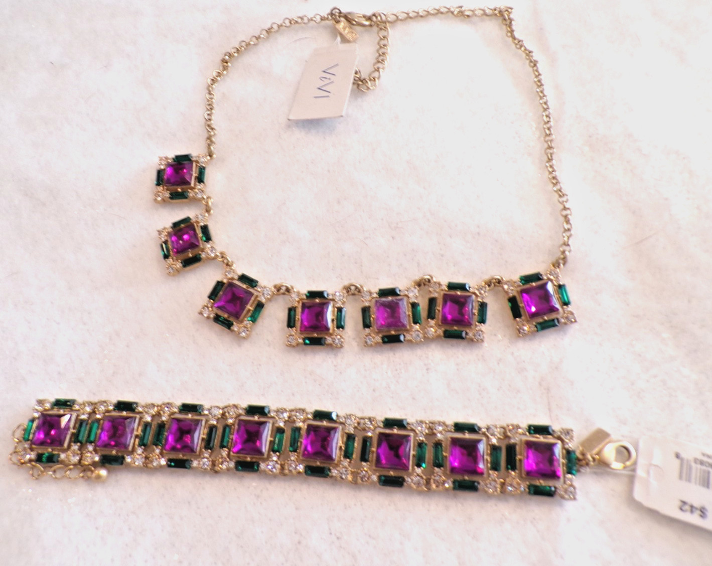 Purple Green Clear Crystal Enamel Bracelet Necklace Jewelry Set NWT$92 Statement