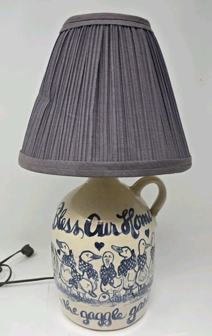 Vintage Blue Salt Glaze Geese Pottery Jug Lamp Bless Our Home When Gaggle Gather