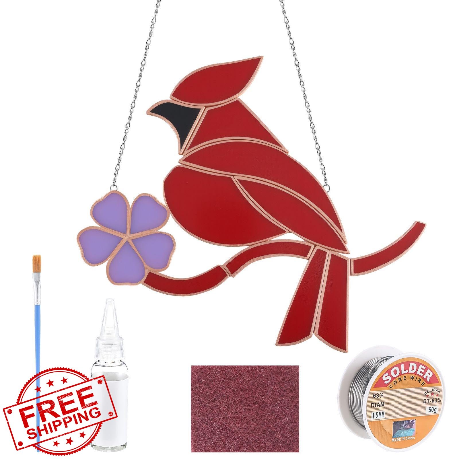 LemonRoad Stained Glass Kit Cardinal, Pre-Cut Craft with Solder