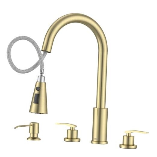  2 Handle Kitchen Faucet with Pull Down Sprayer, 4 Hole Brushed gold 2-handle