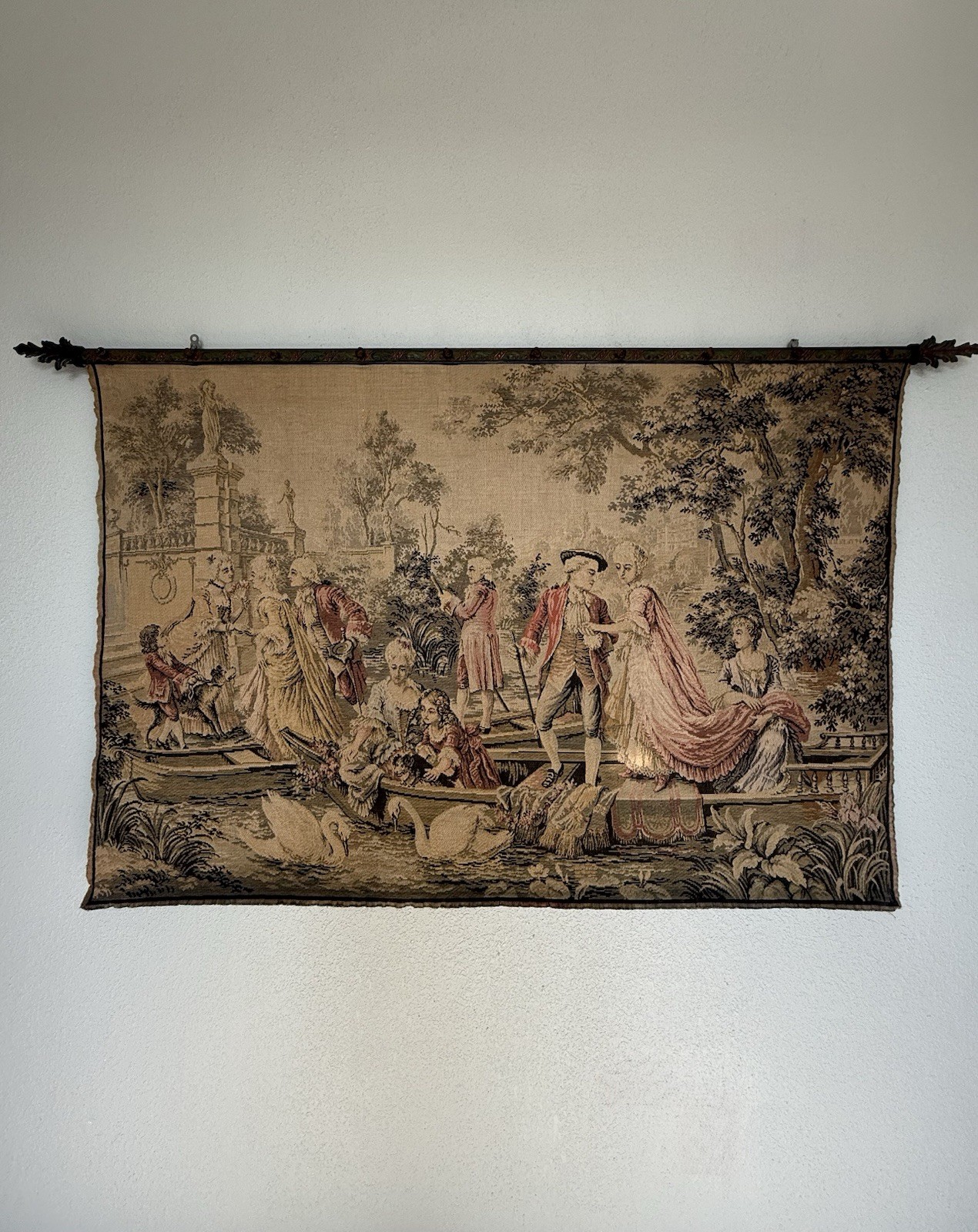 Antique French Pastoral Tapestry 3’x5’ w/ Original Cast Iron Hanger