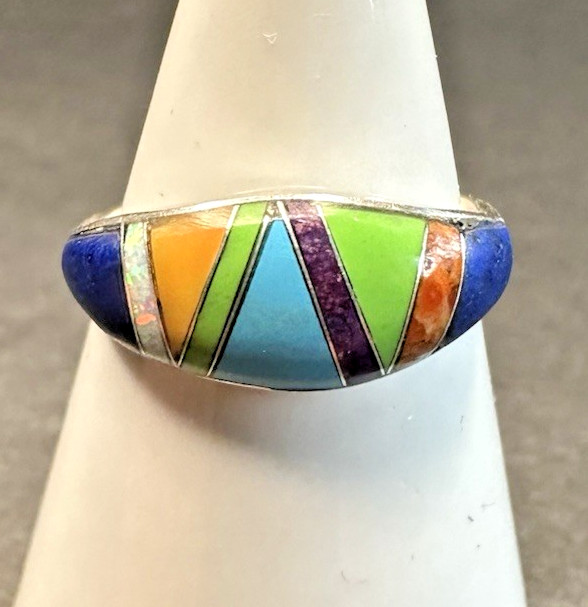 Native American Sterling Silver & Multi Stone Inlay Band Ring Size 7 signed SM