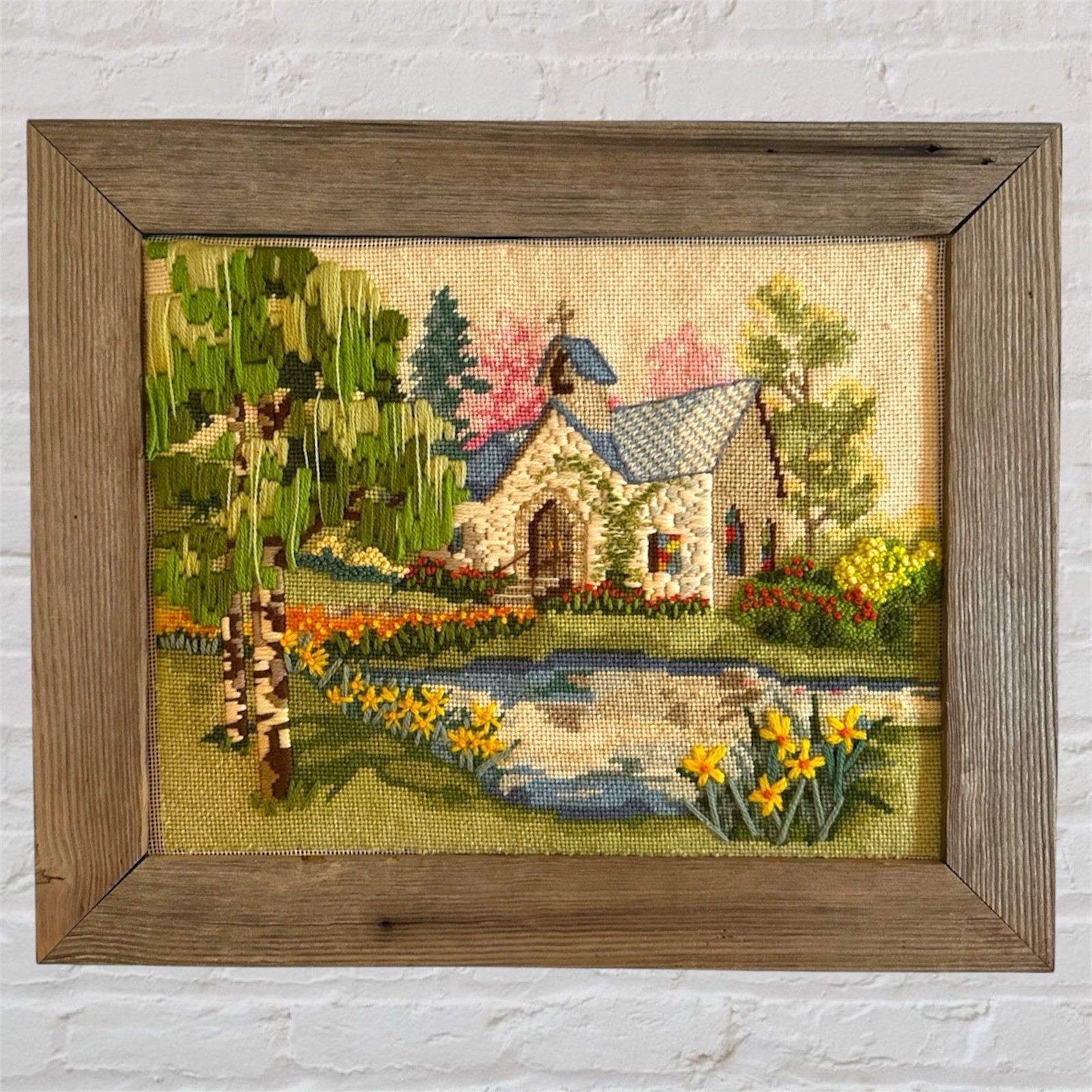 SUNSET STITCHERY “CHURCH IN THE GLEN” NEEDLEPOINT Framed Vintage 22x18