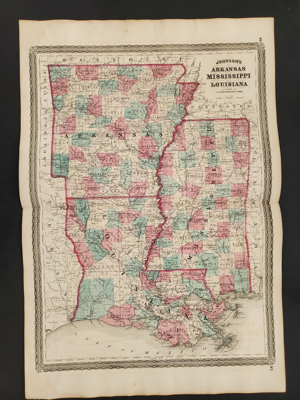1864 antique ARKANSAS MISSISSIPPI & LOUISIANA JOHNSON’S hand-colored MAP 26.5×18