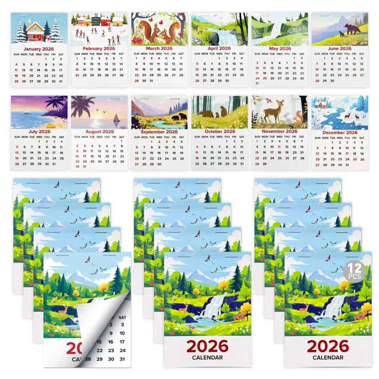2026 Mini Calendar 12-Pack - Small Peel and Stick Monthly Wall Calendars 12PC 
