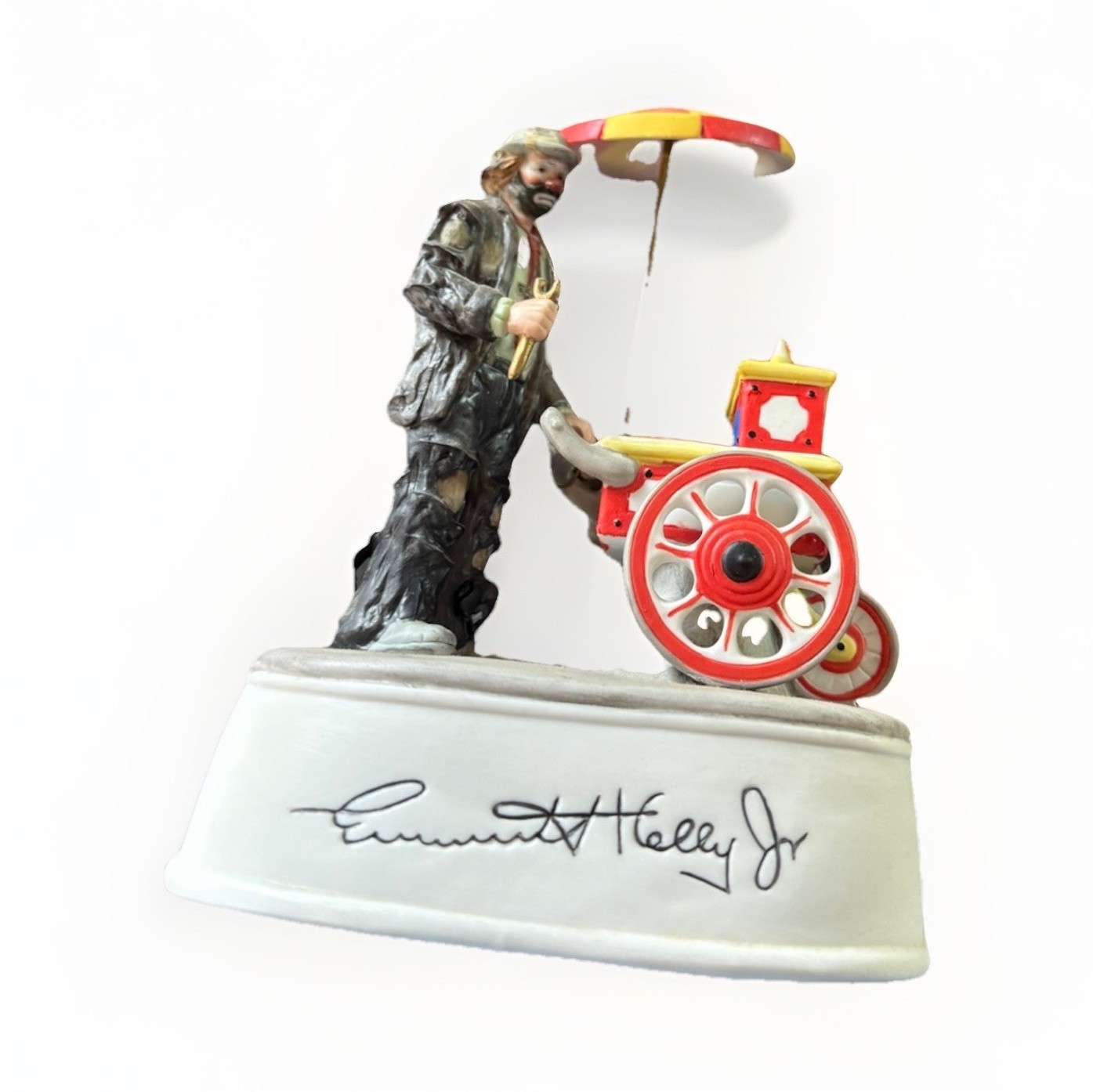 Emmett Kelly Jr. Ceramic Circus Clown Figurine with Cart, Hand Painted