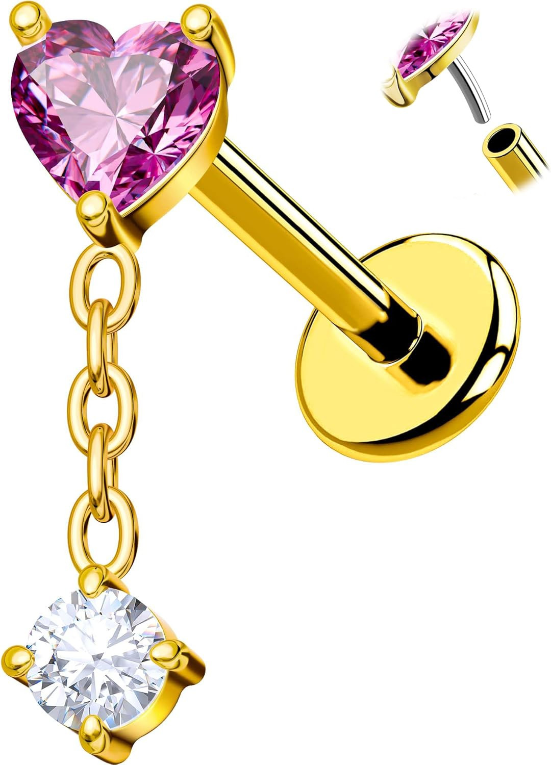 Titanium Heart Cartilage Earrings 18G Threadless Flat Back with Pink CZ