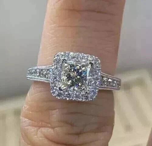 3CT Lab Created Diamond Princess Cut Halo Engagement Ring 14k White Gold Plated