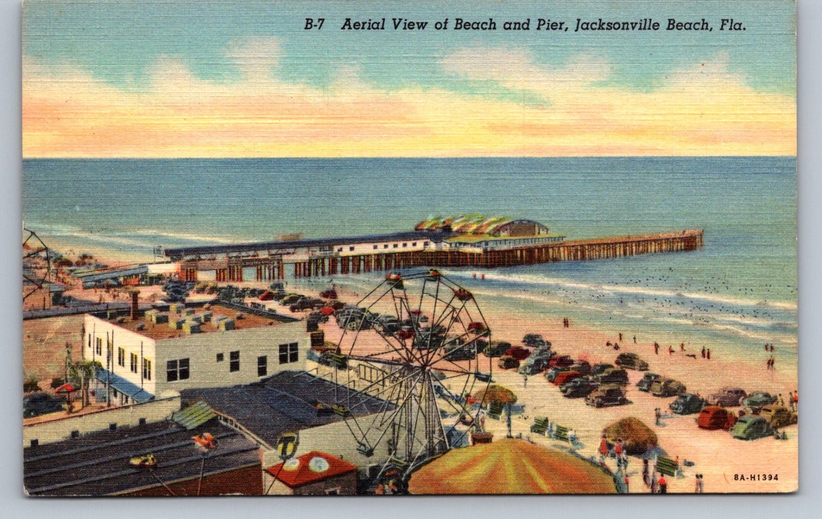 Postcard Florida Jacksonville Beach Aerial View Beach Pier Linen Unposted N619