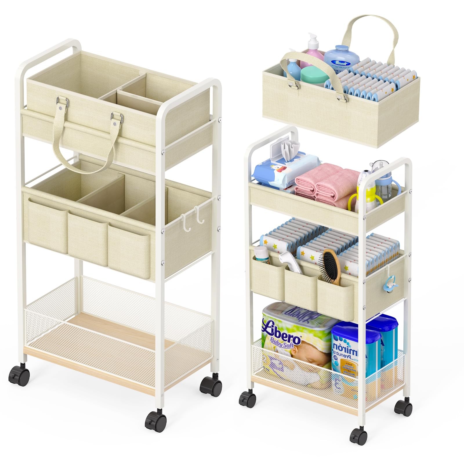 Baby Diaper Caddy Organizer & 3Tier Rolling Cart for Nursery Essentials