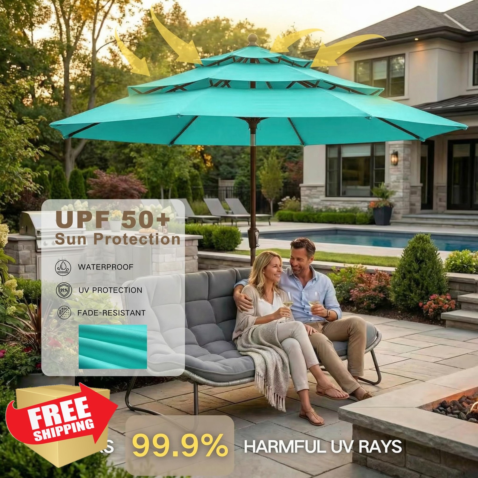 Kingdura 10ft 3-Tier Patio Umbrella Tiffany Blue Crank Tilt UV