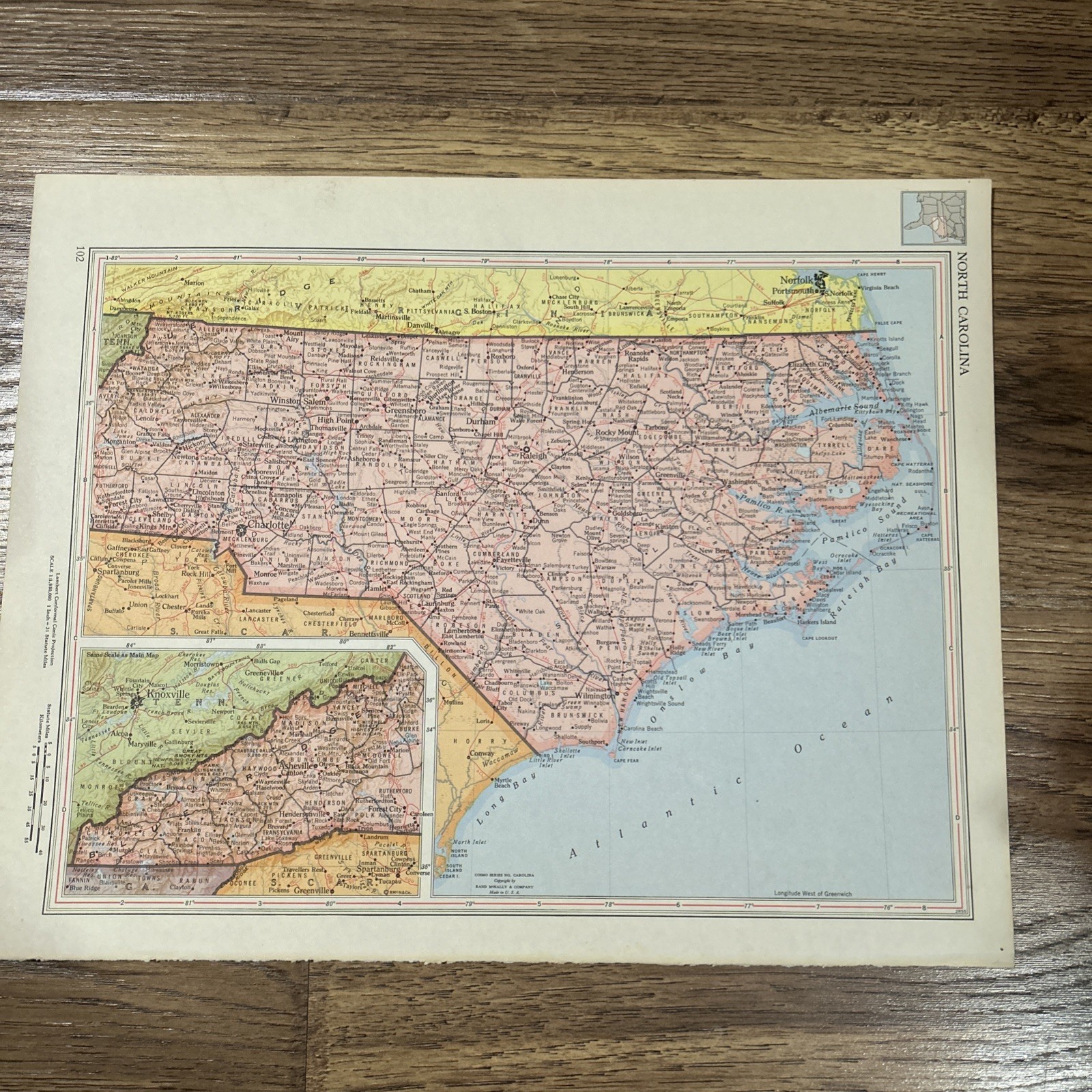 Antique 1956 Map Of North Carolina 14”x11”