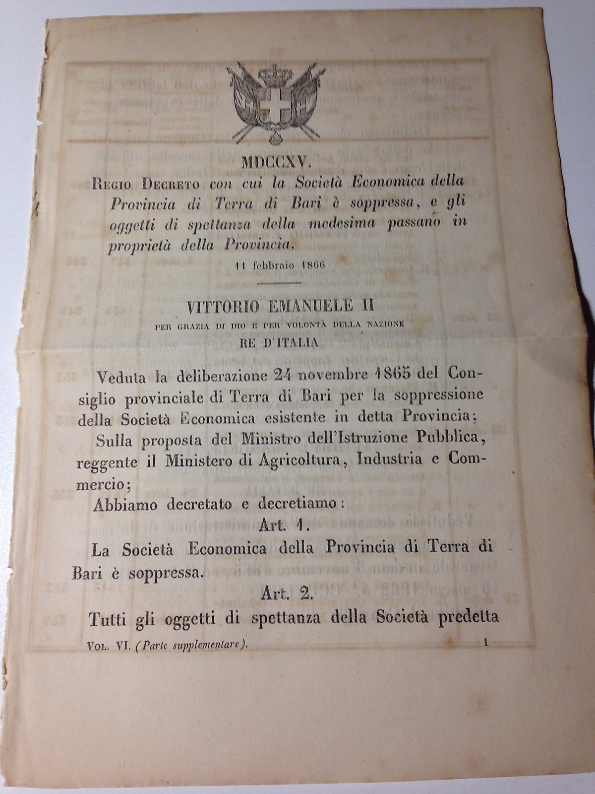 ROYAL DECREE- 11/02/1866 Soc. economic of the Province of Terra di Bari - 411