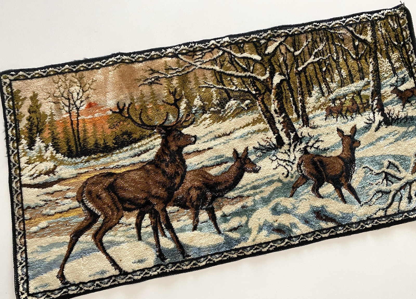 20" x 38" Vintage Tapestry Rug Table Runner Featuring Winter Deer 
