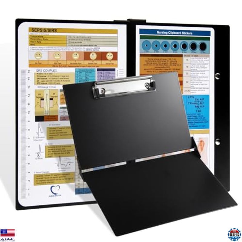 Nursing Clipboard with Cheat Sheets - Foldable Aluminum Nurse Clip Board Black