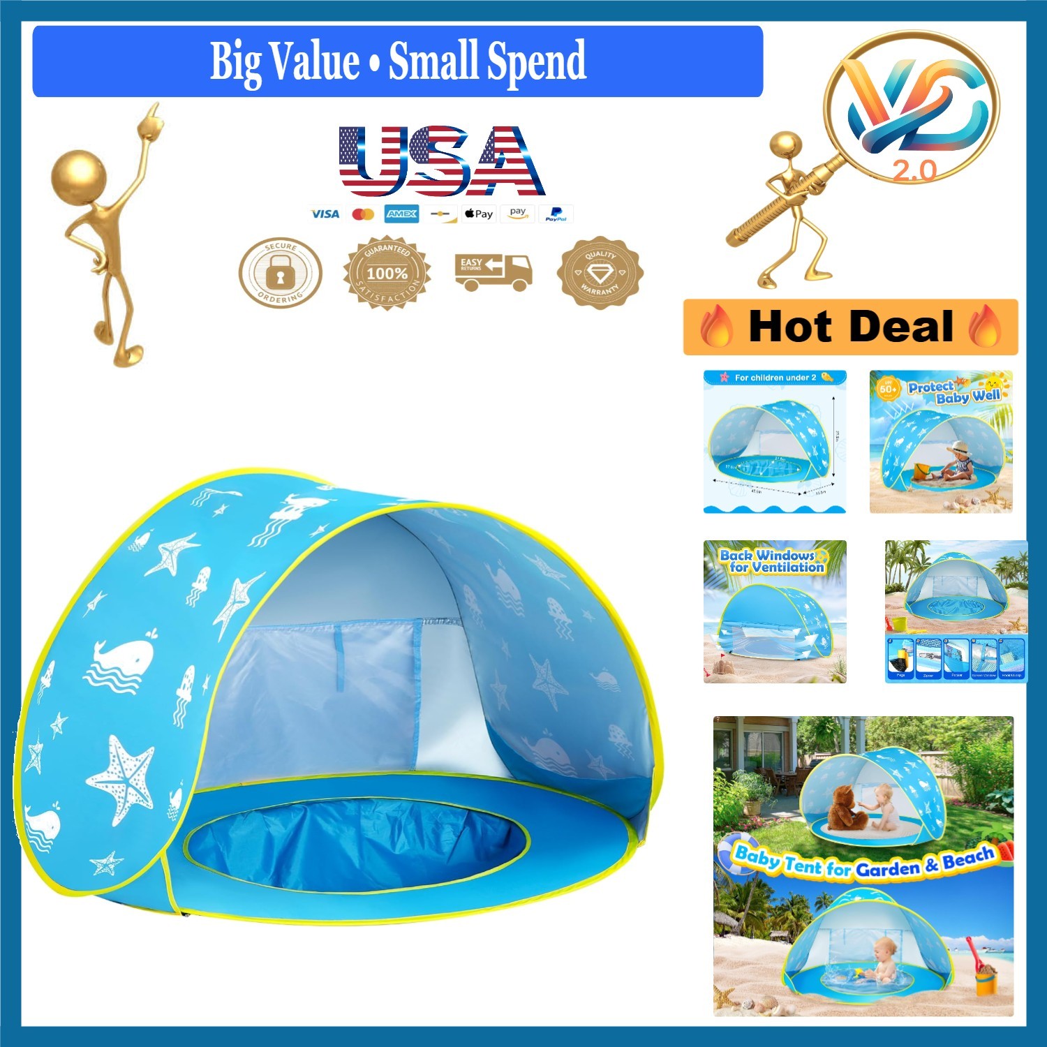 Baby Beach Tent Pop Up UV Sun Shelter for Infant Waterproof Canopy