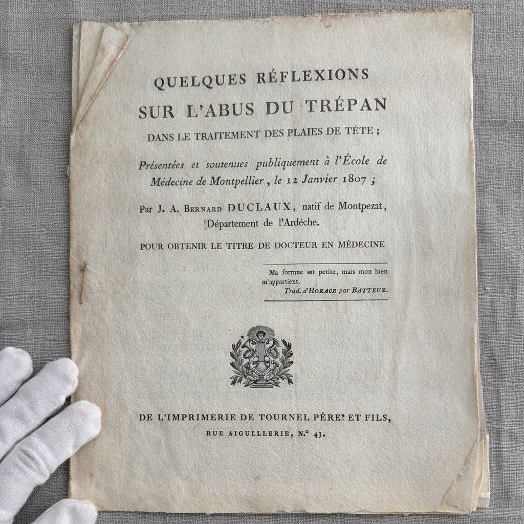 1807 French Medical Dissertation Trepanation Early Paper Thesis Head Wounds