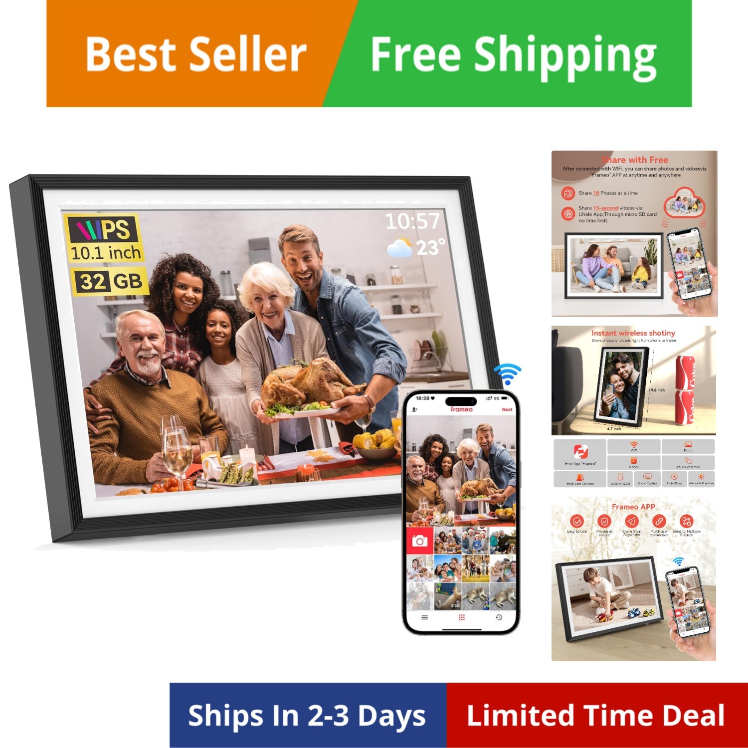 Frameo 10.1 inch Digital Picture Frame, Smart WiFi Digital Photo Frame with 3...