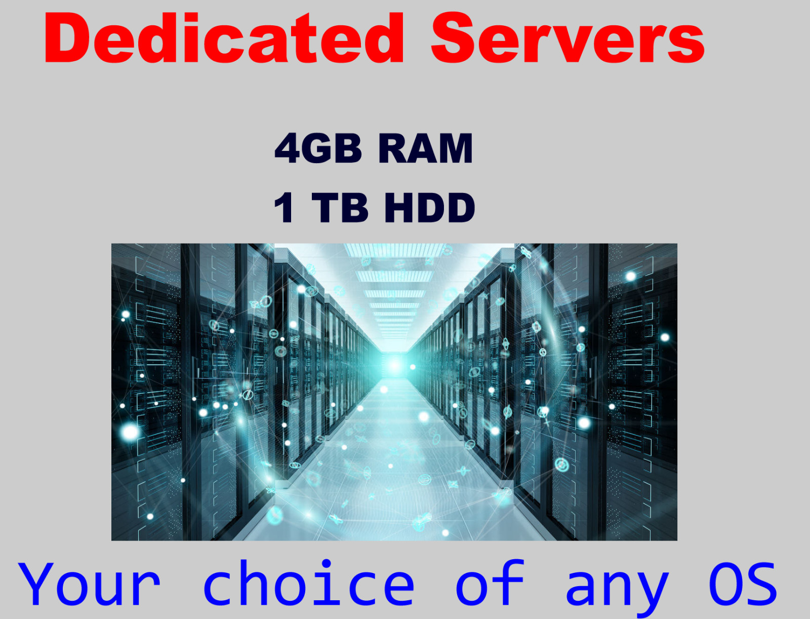 Dedicated Server  ANY Operating system 4GB RAM,  1 TB GB HDD, 24hour support