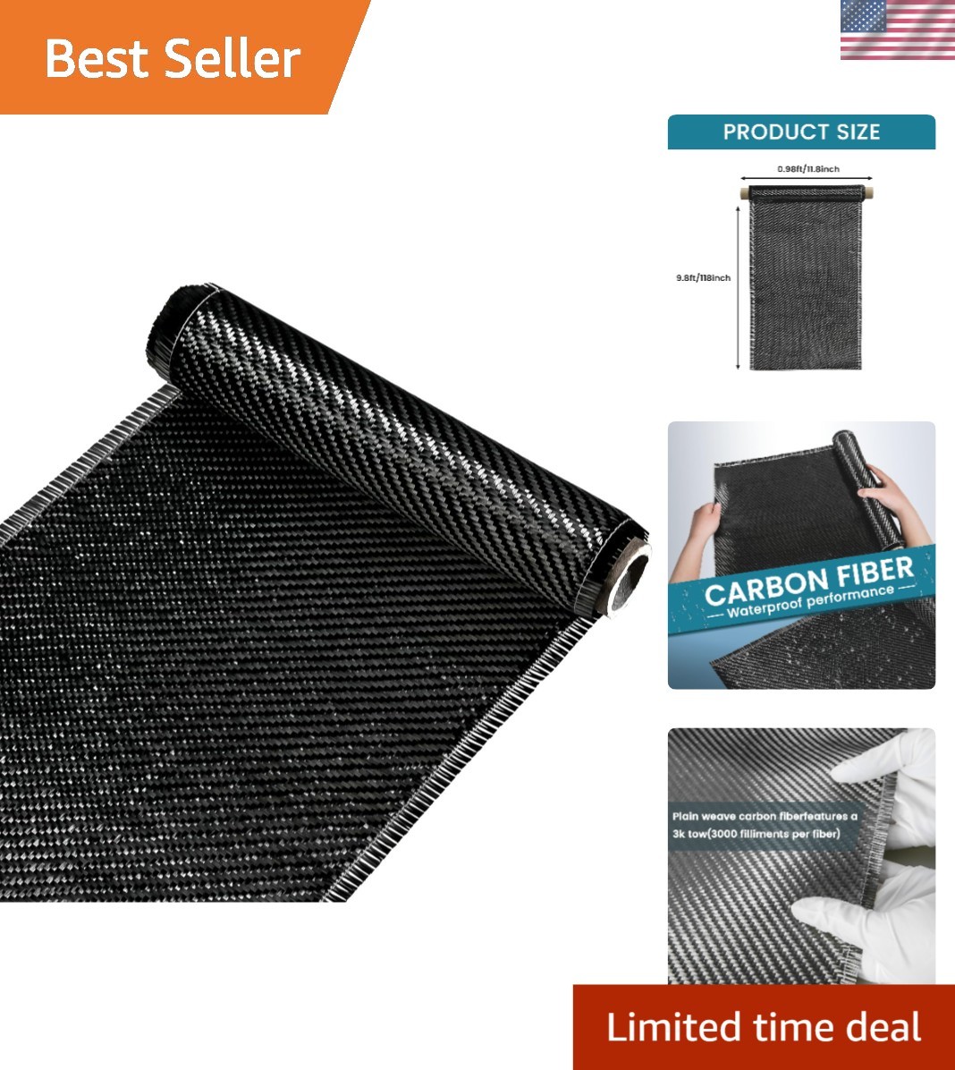 Strong 9.8ft x 12" Carbon Fiber Fabric Roll - Ideal for Car & Concrete Repair