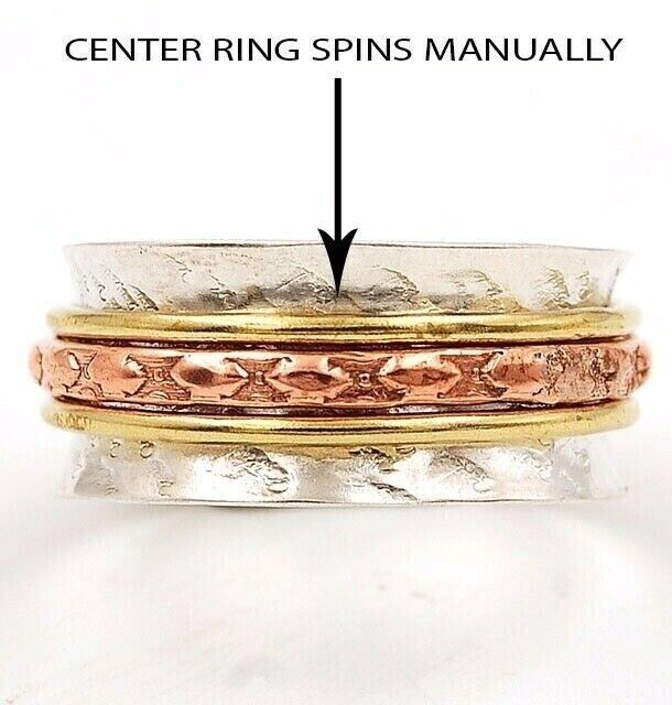 Three Tone- Meditation Spinner Band 925 Sterling Silver Ring Sz 9