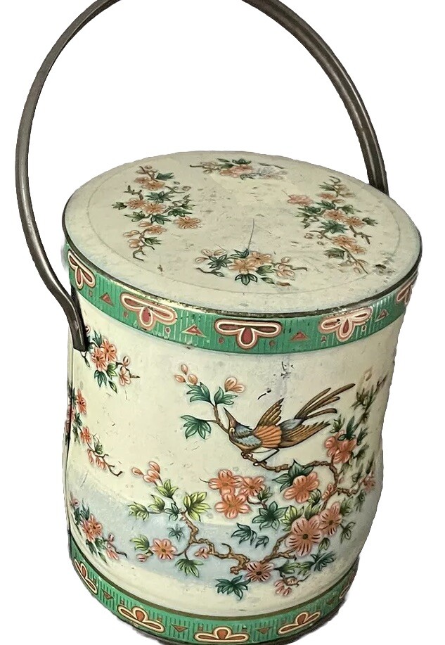 Vintage metal container with lid and handle made in England 4 1/2” X 8” Birds