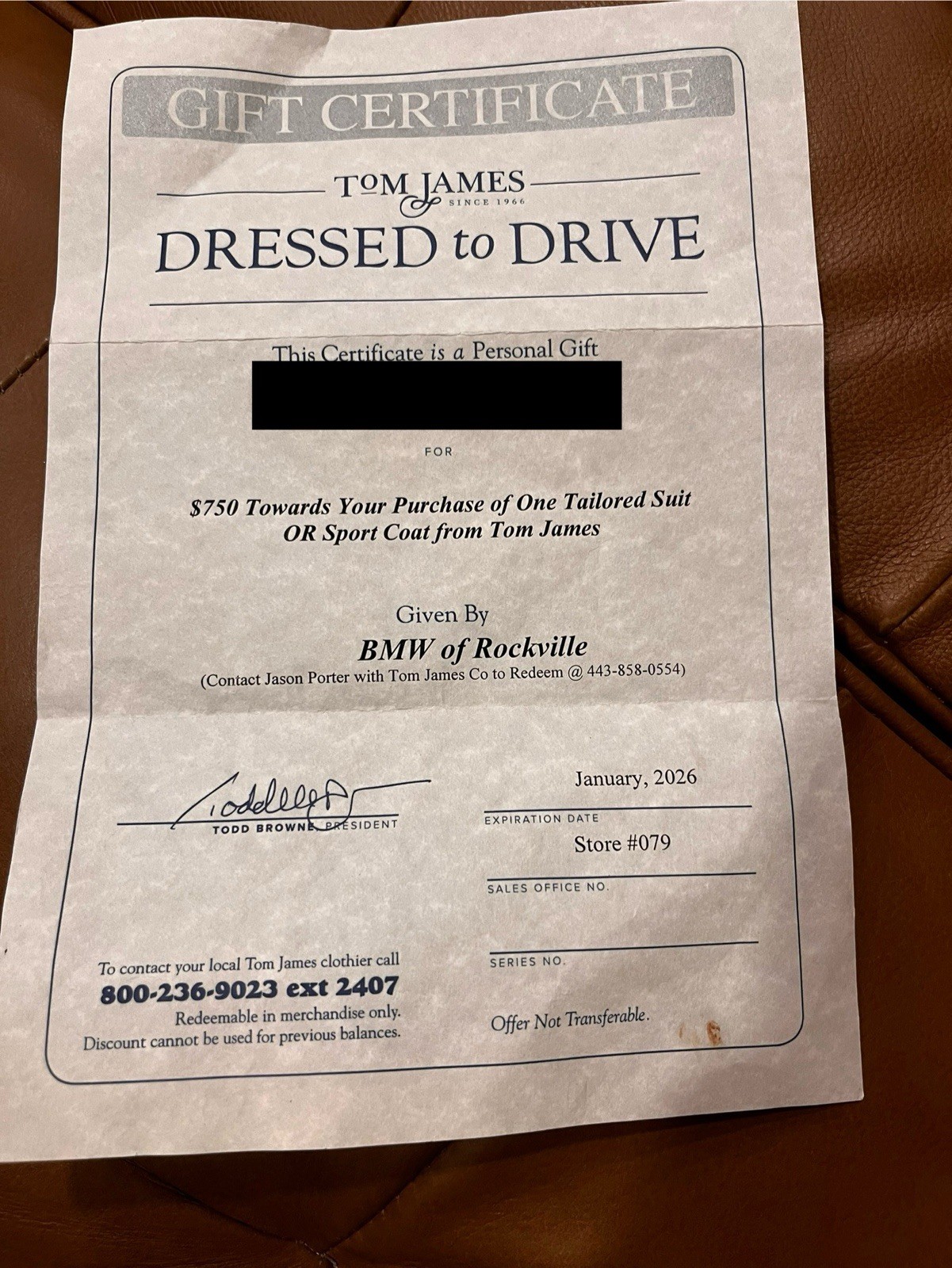 $750 Tom James Gift Certificate Paper (Most offers accepted)