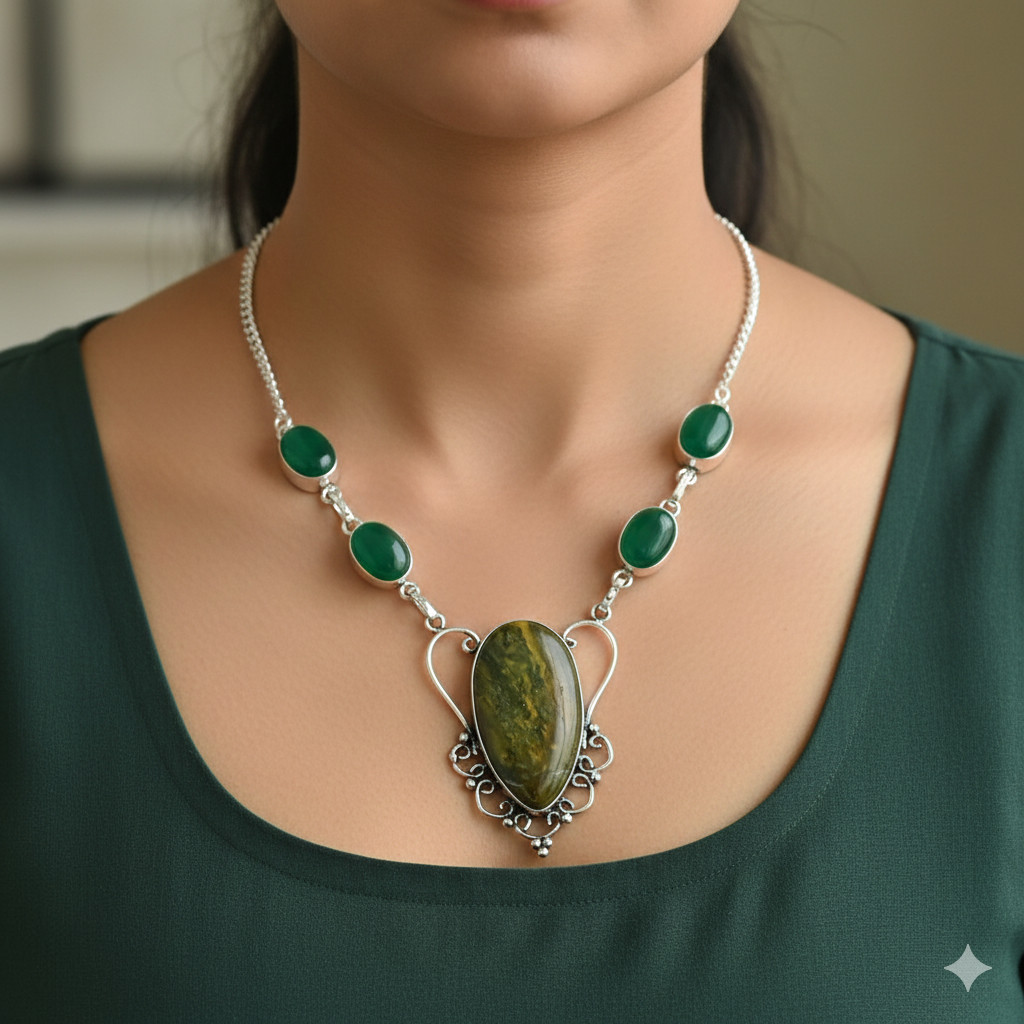 Natural Ocean Jasper, Onyx Gemstone 925 Sterling Silver Necklace E580