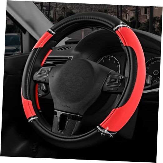  Leather Steering Wheel Cover - Made with PVC Leather - Anti-Slip, Red