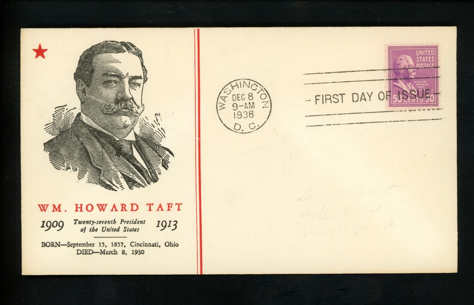 US FDC #831 Linprint M-2 1938 Washington DC 50c William Taft Prexy Prexie