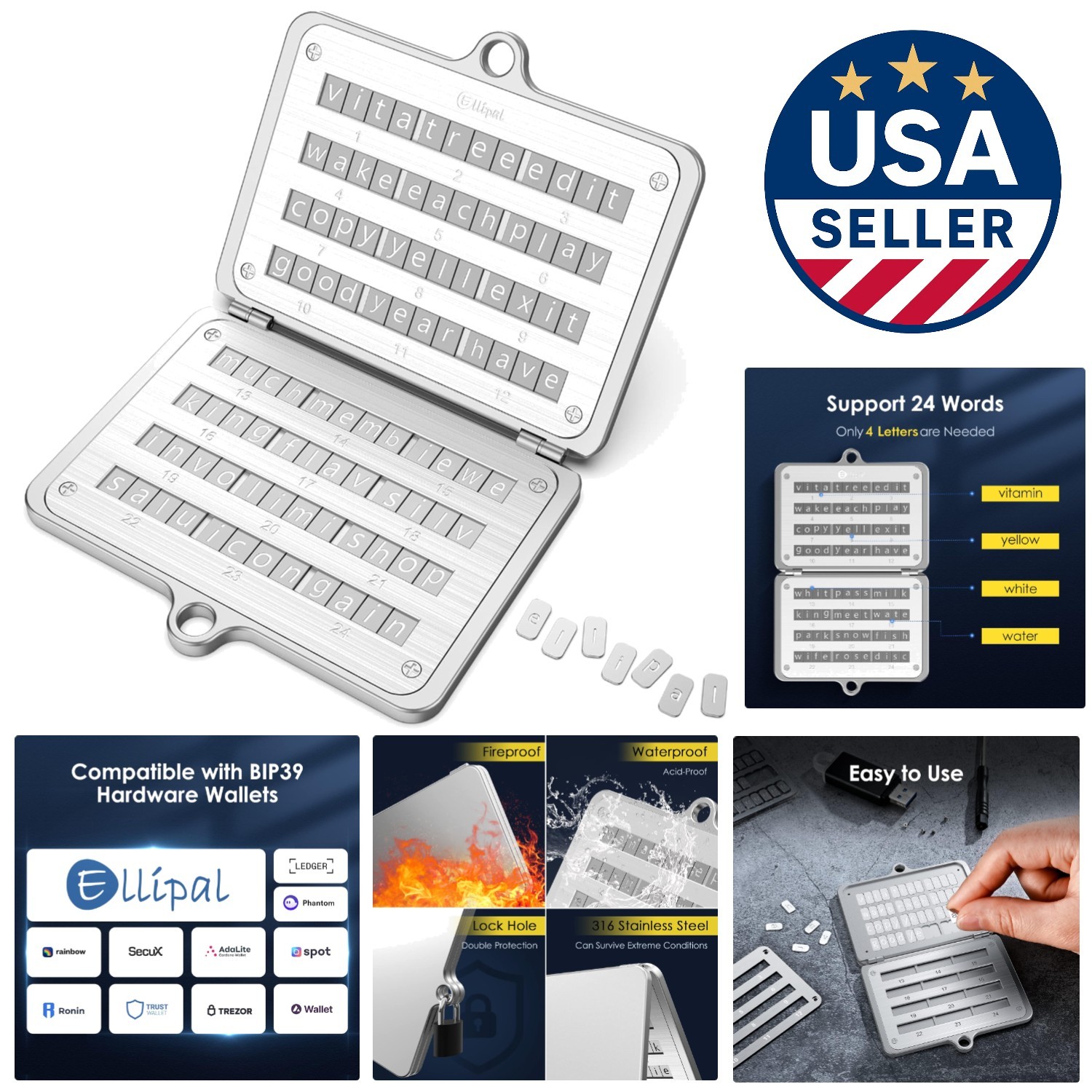 Indestructible 316 Stainless Steel Crypto Seed Phrase Storage - 24 Words Access