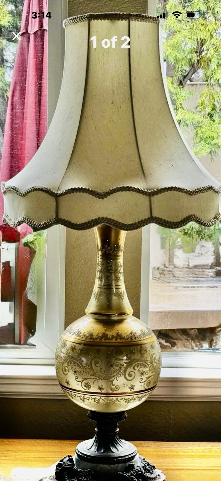 Victorian Gold Glass Table Lamp Beaded Floral Bell Shade Glossy Finish