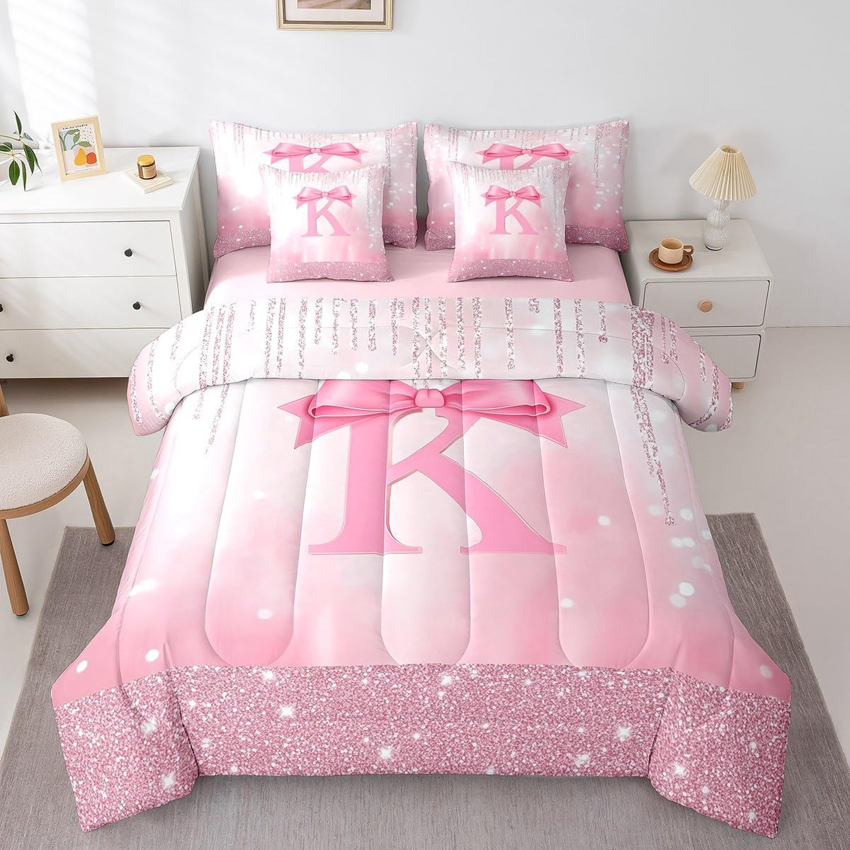 Kids Pink Bowknot 7 Pieces Bedding Set Full Size, Personalized Initial K Bed in 