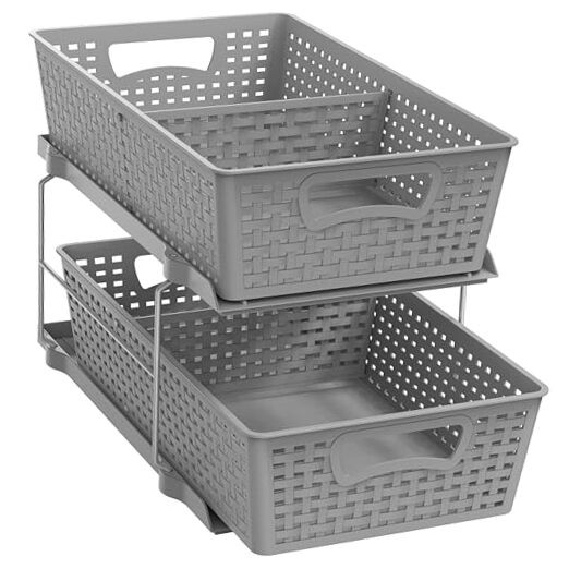  2 Tier Bathroom Organizer Tray Pull-Out Sliding Drawer, Under Sink Storage Gray