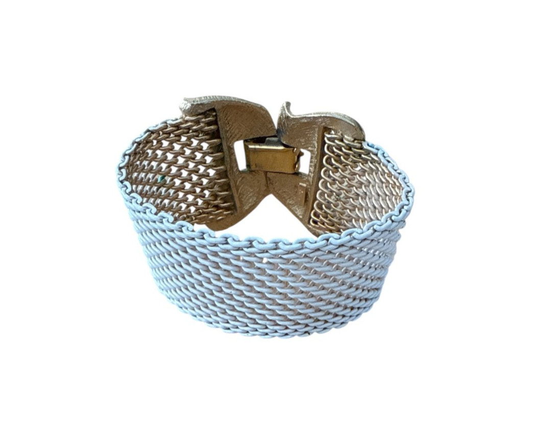 Crown Trifari Signed Gold Tone White Enamel Wide Mesh Bracelet Butterfly Clasp