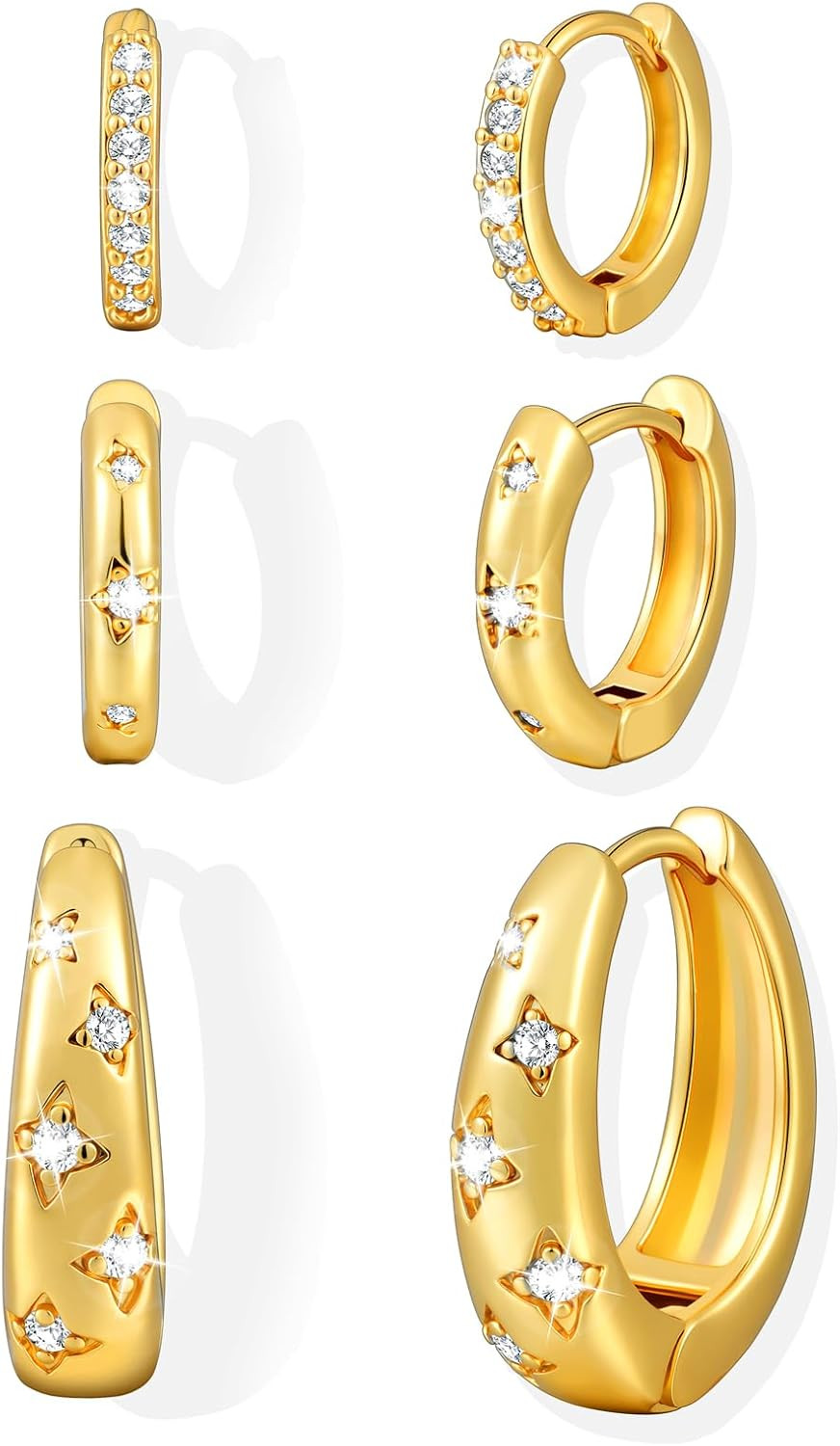 Small Chunky Gold Hoop Earrings for Women: 3Pairs 14K Gold-Plated Hypoallergenic