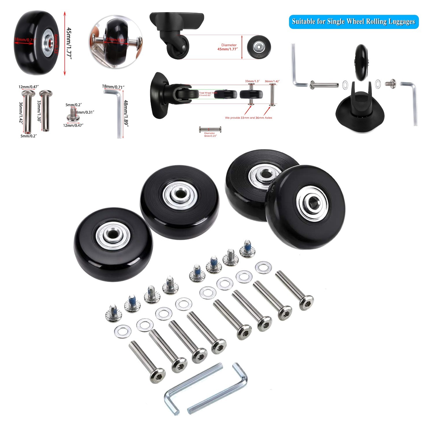 Universal 45mm x 18mm Rubber Caster Wheels for Suitcase Repair - Easy Swap Kit