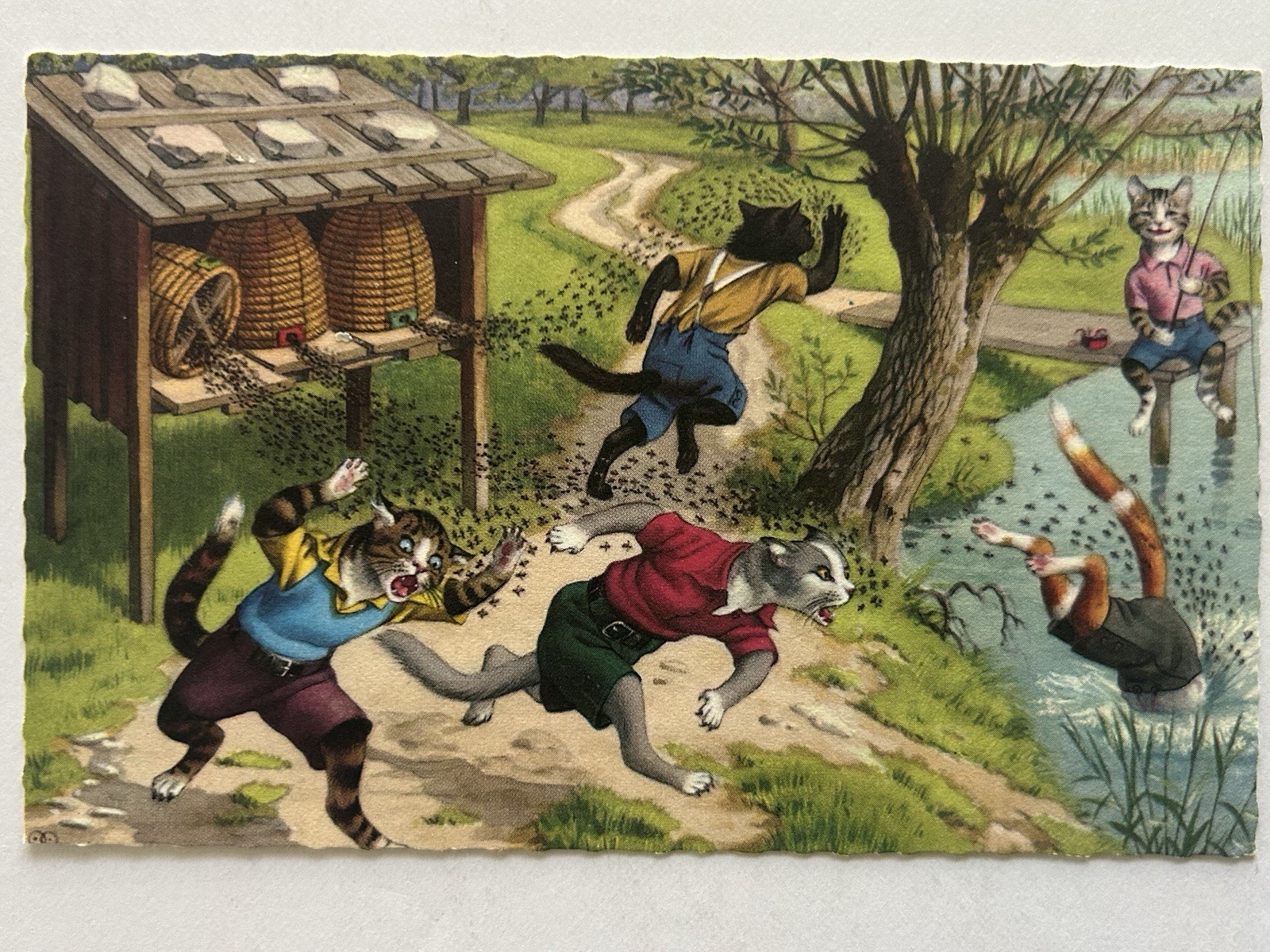 Dressed Cats Vintage Postcard | Cats Running from Bees | Cats Fishing 4884