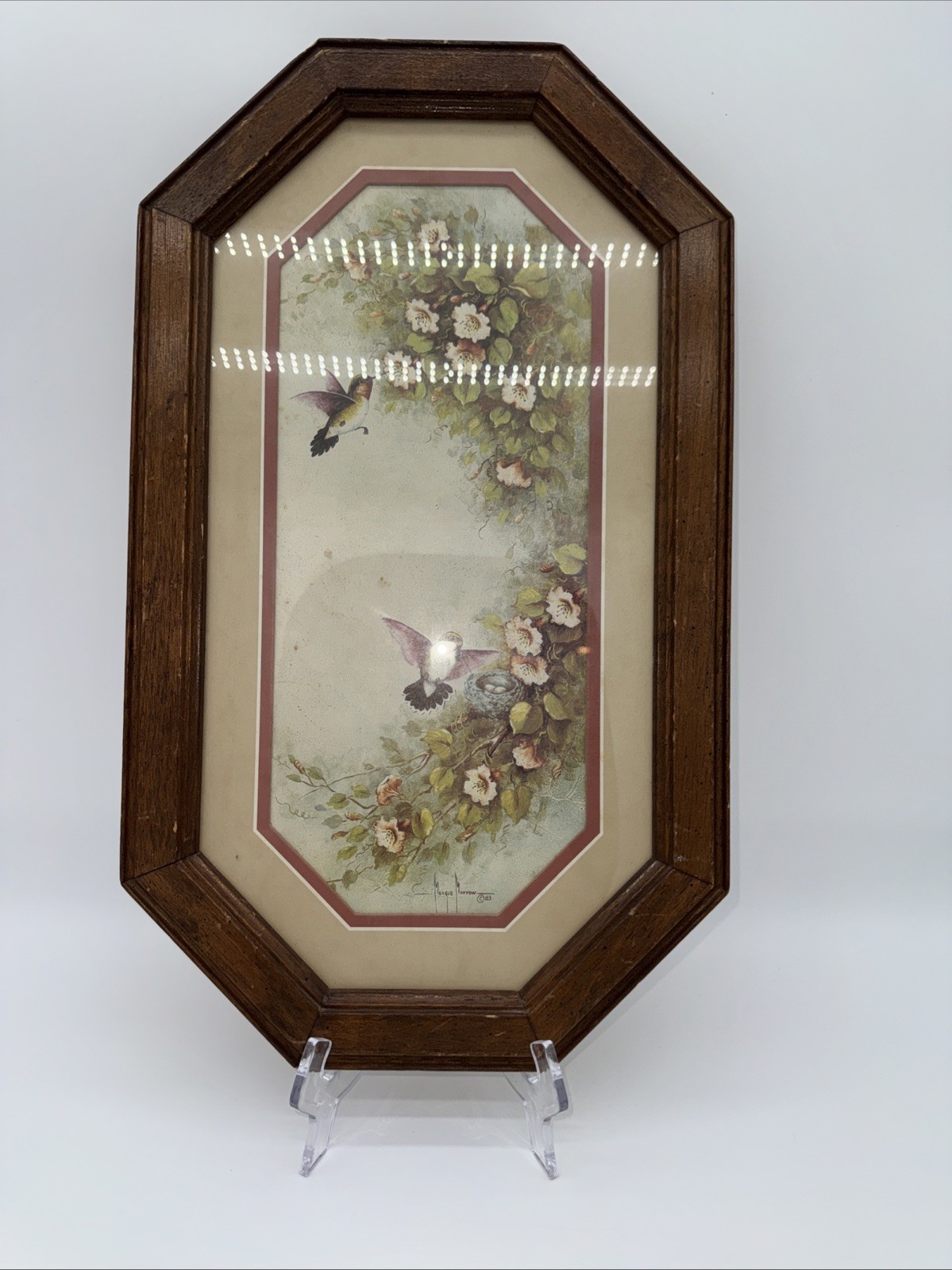 Vintage 1983 Margie Morrow Hummingbird Print Long 18.5" Octagan Wood Frame #1384