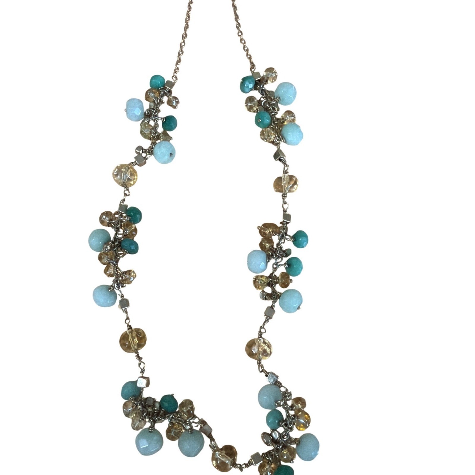 Gold Tone Beaded Cluster Necklace Turquoise Teal Amber Glass Bead Boho