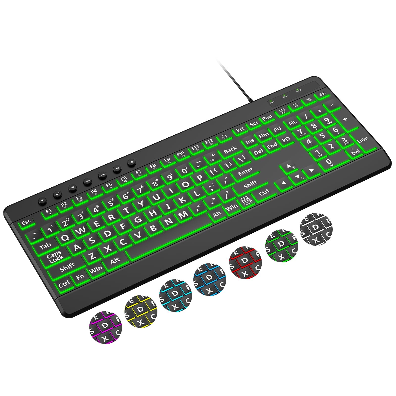 Backlit Wired Keyboard Large Print Light Up USB with 7-Colors