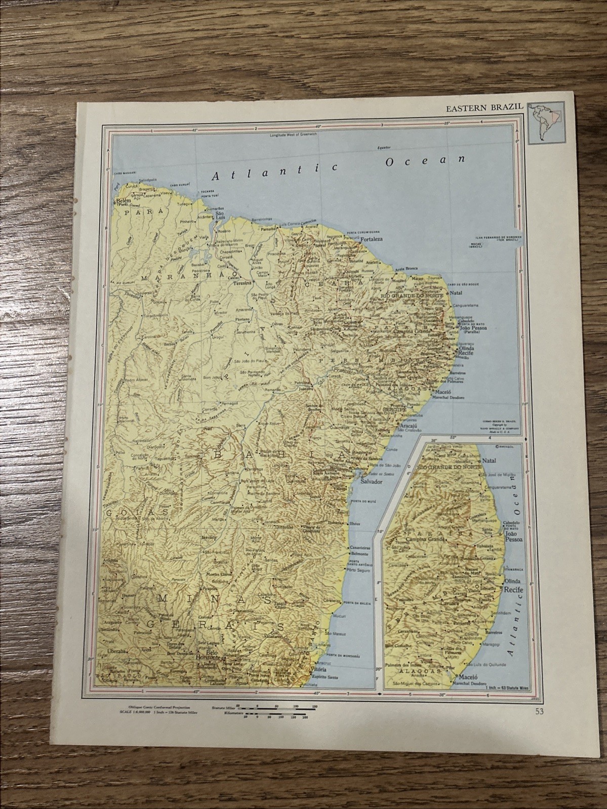 Antique 1956 Map Of Eastern Brazil 14”x11”