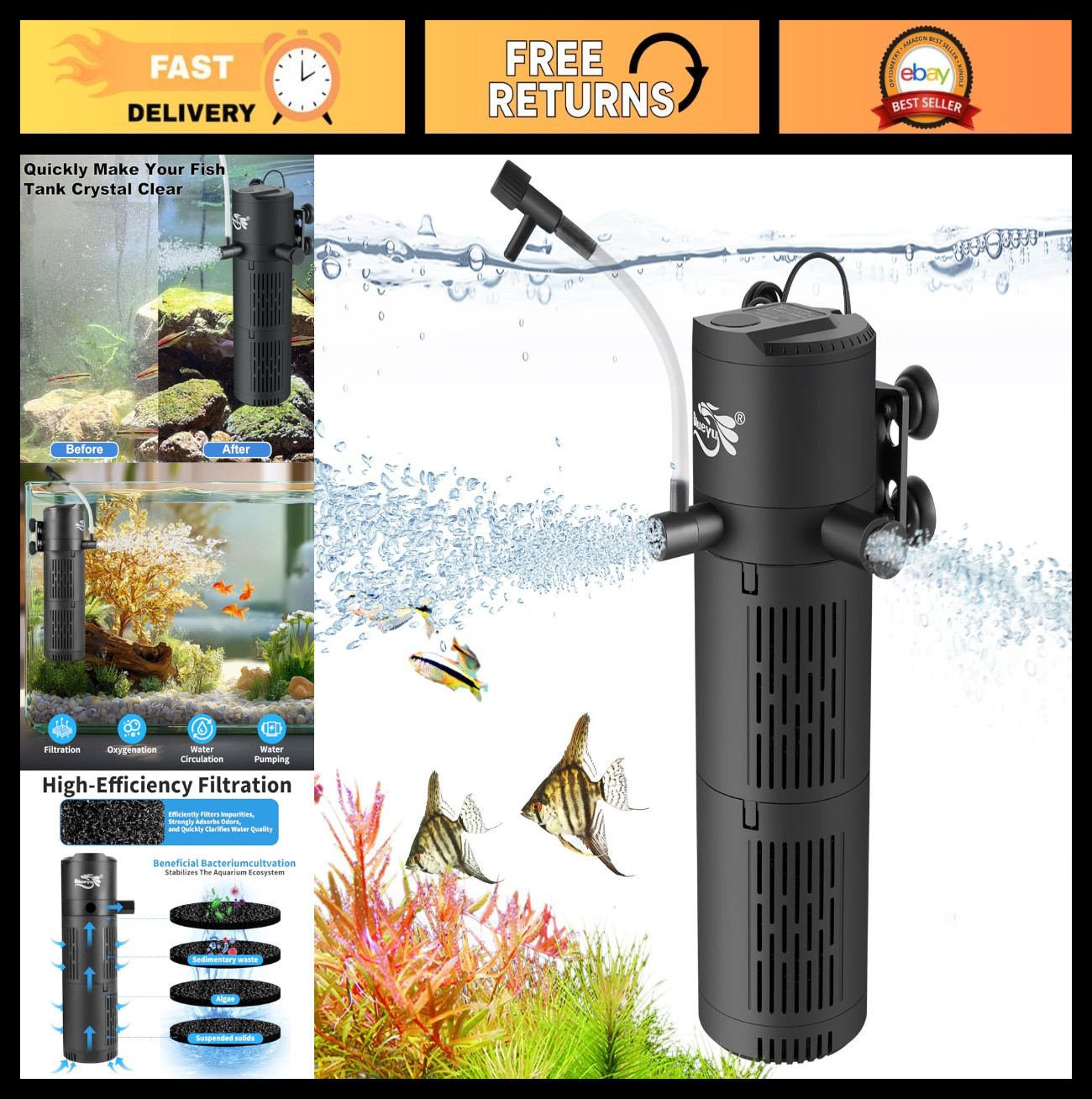 4-in-1 Aquarium Filter for 30-80 Gallon Tanks, Submersible with Wave-Maker & Oxy